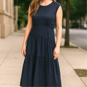 FRAME Navy Tiered Midi Dress L Linen Blend – Lace Inset – Flawed
